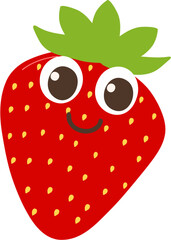 A cartoon strawberry with big eyes, a cheerful smile and a bright red body decorated with green leaves.