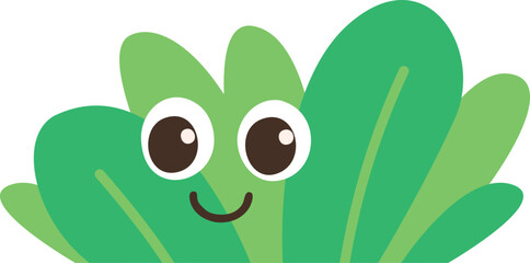 A cartoon bush with big eyes, a cheerful smile and a green body decorated with green leaves.