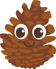 A cartoonish pine cone with big eyes, a cheerful smile and a brown body,