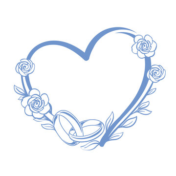 Wedding rings in a heart shaped blue flower frame, with a flower frame of roses, line drawing. Wedding invitation wreath