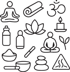 Wellness and mindfulness icon set. Containing meditative poses, Om symbol, yoga mat, essential oils, and healing stones. Solid spa and relaxation silhouette collection.