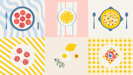A collage of food plates including salami pasta soup eggs lemon and a floral decorated dish on patterned backgrounds © Wishi