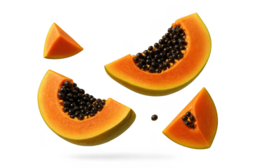 Ripe papaya slices isolated on transparent background, exotic fruit cut out