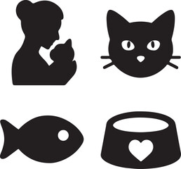 Cat care icon set. Containing cat owner, cat face, fish treat, and pet food bowl symbols. Pet care and feline-related icons. Solid silhouette collection.