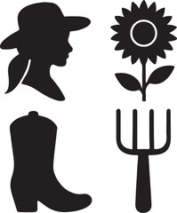 Farming and agriculture icon set. Containing cow, tractor, pitchfork, and corn symbols. Rural life and agricultural equipment silhouettes. Solid icon collection.