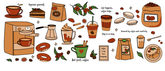 Coffee lover's delight: espresso, cappuccino, and beans for kitchen decor.