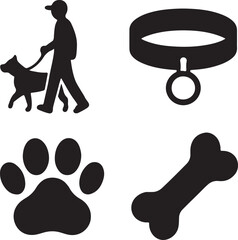 Dog care icon set. Containing dog walking, bone, paw print, and pet collar symbols. Pet ownership and dog-related icons. Solid silhouette collection.