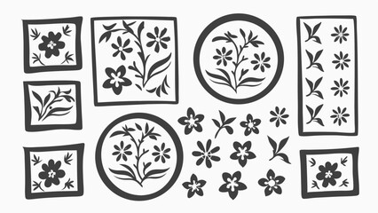 Assortment of floral designs in square and circular frames with loose flowers and leaves on white backdrop