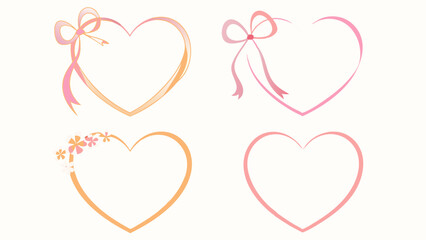 Four heart shaped frames with ribbon and floral accents in soft pastel colors arranged in a grid