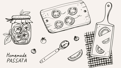 Hand drawn illustration of homemade passata jar with tomato slices and wooden boards and a spoon sketch