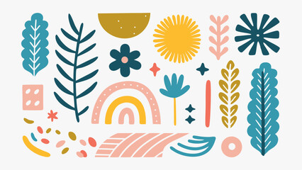 Collection of whimsical botanical and celestial elements in a flat design style on white background