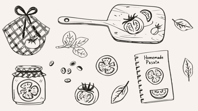 Illustration of tomatoes, spinach, olives, cutting board, and a recipe book for homemade pasata