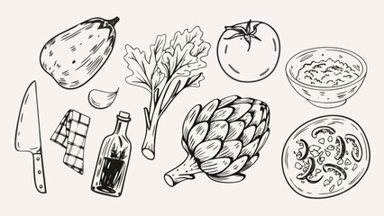 Illustration of various vegetables and cooking items including eggplant tomato and artichoke sketch style