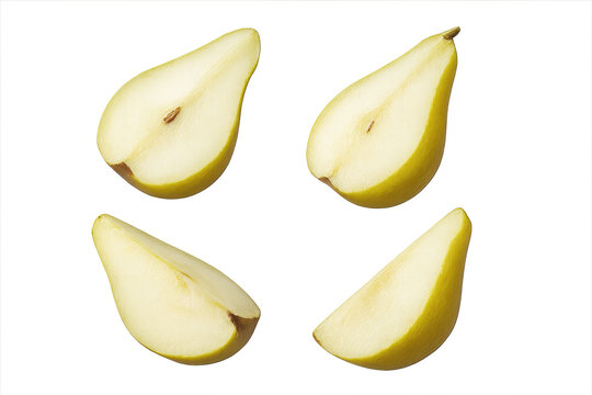 Four pear slices arranged on a transparent background, fresh, isolated, ripe