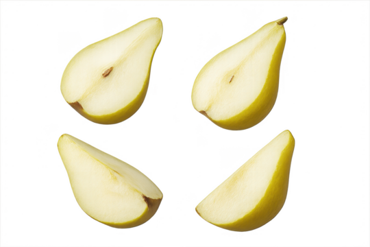 Four pear slices arranged on a transparent background, fresh, isolated, ripe