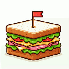 Square sandwich cartoon with lettuce tomato ham cheese layers and a red flag on top