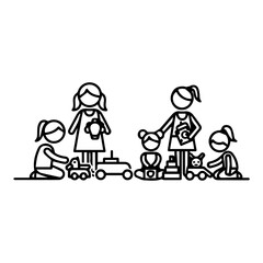 Stick figures of two adults and three children play with toys