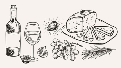 Hand drawn illustration of wine bottle, glass, cheese, grapes, figs, and rosemary branch sketch