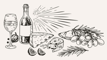 Illustration of a wine bottle, glass, cheese, figs, olives, and rosemary sprigs on a light background