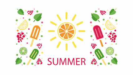 Illustration of summer theme with sun, fruits, popsicles and the word summer in the center