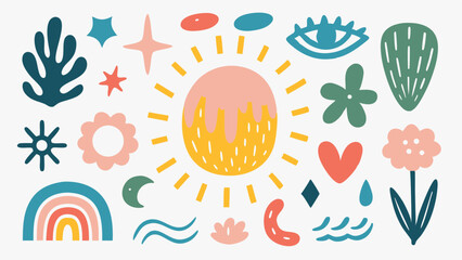 Collection of whimsical hand drawn style elements including sun eye and floral shapes on a white background