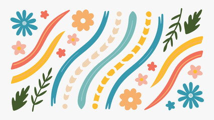 Colorful floral and wavy line pattern with flowers and leaves on a white background artwork design
