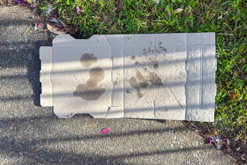 Photograph of a used and dirty cardboard Pizza box dumped on a local footpath as rubbish on a sunny day near a grassy sidewalk with flower petals.