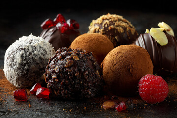 Luxury handmade decorative chocolate bonbon in a display of assorted pralines. AI Generative