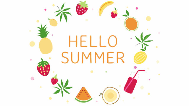 Illustration of hello summer text with a wreath of tropical fruits and leaves on a white background - Powered by Adobe