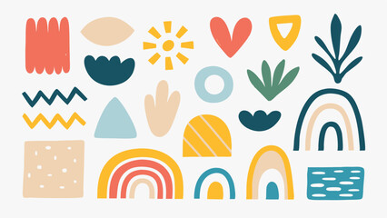 Collection of cheerful hand drawn shapes and rainbow elements on a white background design style modern