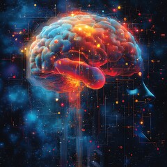 A vibrant digital photo representing human brain with neural networks and glowing energy illustration
