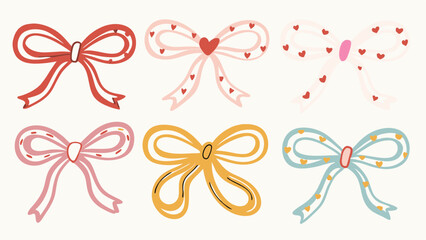 Collection of six colorful decorative bows with heart patterns on a white background style illustration