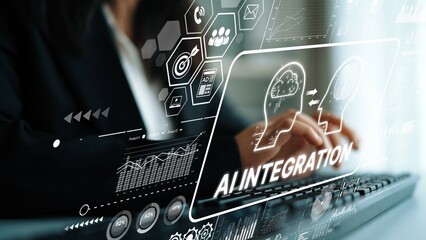 Business Professional Utilizing AI Technology for Integration and Data Analysis in Modern Office...