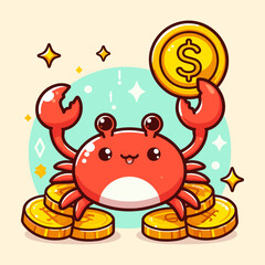 Cartoon crab holding a gold coin with a dollar sign, surrounded by coins, on a pastel background.