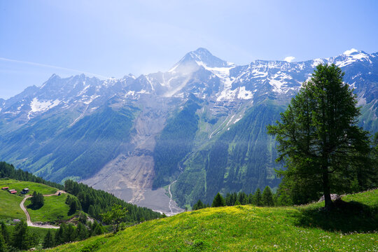 Scenic view of rockfall with gravel and dust at L&ouml;tschental Valley in the Swiss Alps covering almost entire mountain village of Blatten. Photo taken June 19th, 2025, Wiler, Switzerland.
