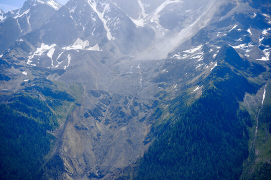 Scenic view of rockfall with gravel and dust at L&ouml;tschental Valley in the Swiss Alps covering almost entire mountain village of Blatten. Photo taken June 19th, 2025, Wiler, Switzerland.