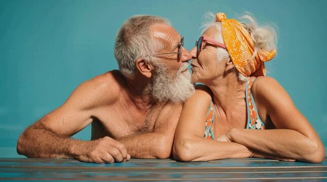 Kiss on pool. Elder couple in holidays. Reflecting confidence, lovematurity and authenticity on holidays Ideal for retirement, lifestyle, travel and tourism themes	