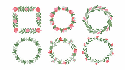 Collection of six floral wreaths and frames with pink flowers and green leaves in various shapes