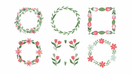 Illustration of various floral wreaths and tulip arrangements on a white background design art