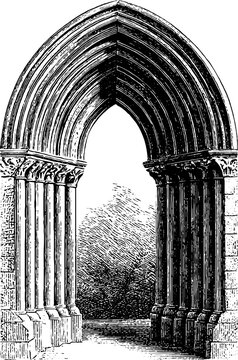 Gothic architecture arch traceries in vintage engraving design for historical art