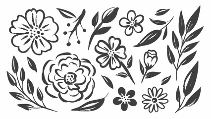 Collection of hand drawn floral elements including flowers buds and leaves in black and white style