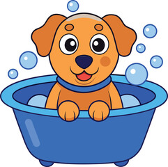 Cute Cartoon Dog Bathing in Blue Tub with Bubbles. new 2025 trendyCute Cartoon Dog Bathing in Blue Tub with Bubbles and Soap Foam