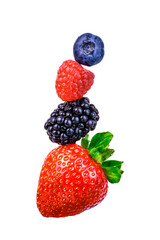 Obraz premium Stack of fresh berries isolated on white background: strawberry, blackberry, raspberry, and blueberry