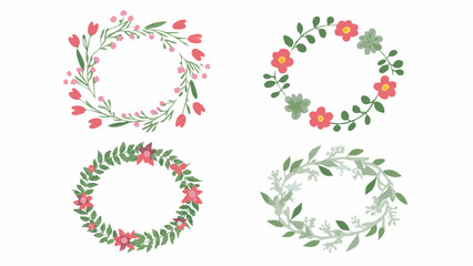 Four floral wreaths featuring pink and red flowers with green leaves on a white background display image