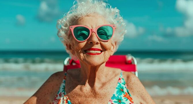 Crazy Grandma in a bikini in the sun, reflecting confidence, maturity and authenticity on the beach. Ideal for retirement, lifestyle, travel and tourism themes	
