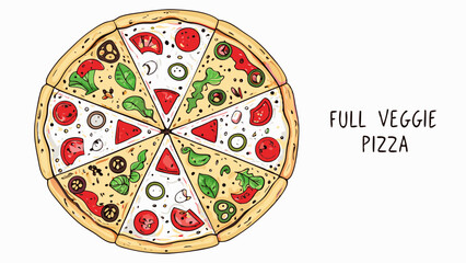 A colorful veggie pizza cut into eight slices with various toppings such as tomatoes and green vegetables