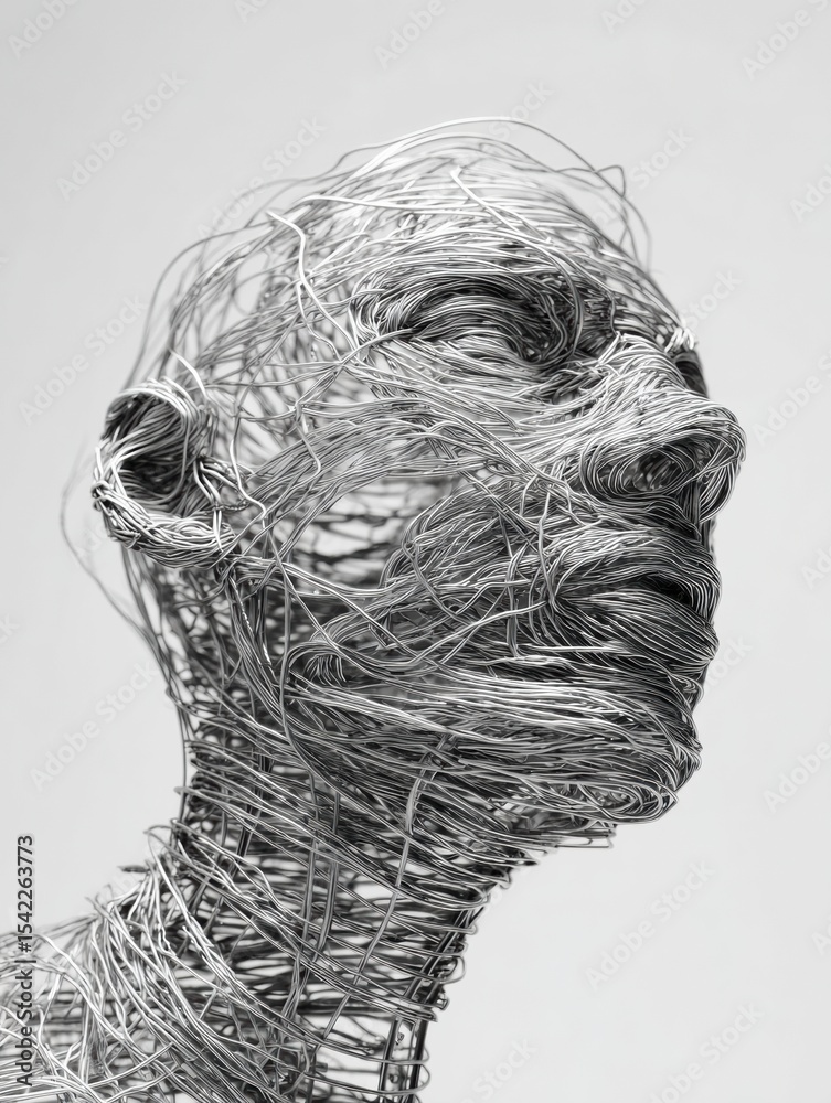 Aufkleber Melancholy Face Created From Intricate Wires Forms an Abstract Structure Reflecting Deep Emotions and Artistic Expression