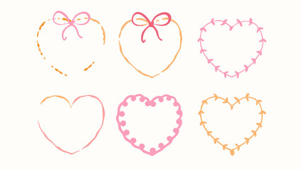Assortment of six heart illustrations with various designs and colors on a white background surface