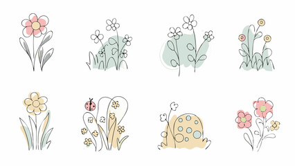 Illustration of eight floral arrangements with various flowers leaves and a ladybug on a white background © Wishi