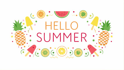 A colorful summer themed design featuring pineapples popsicles and citrus fruits with the words hello summer